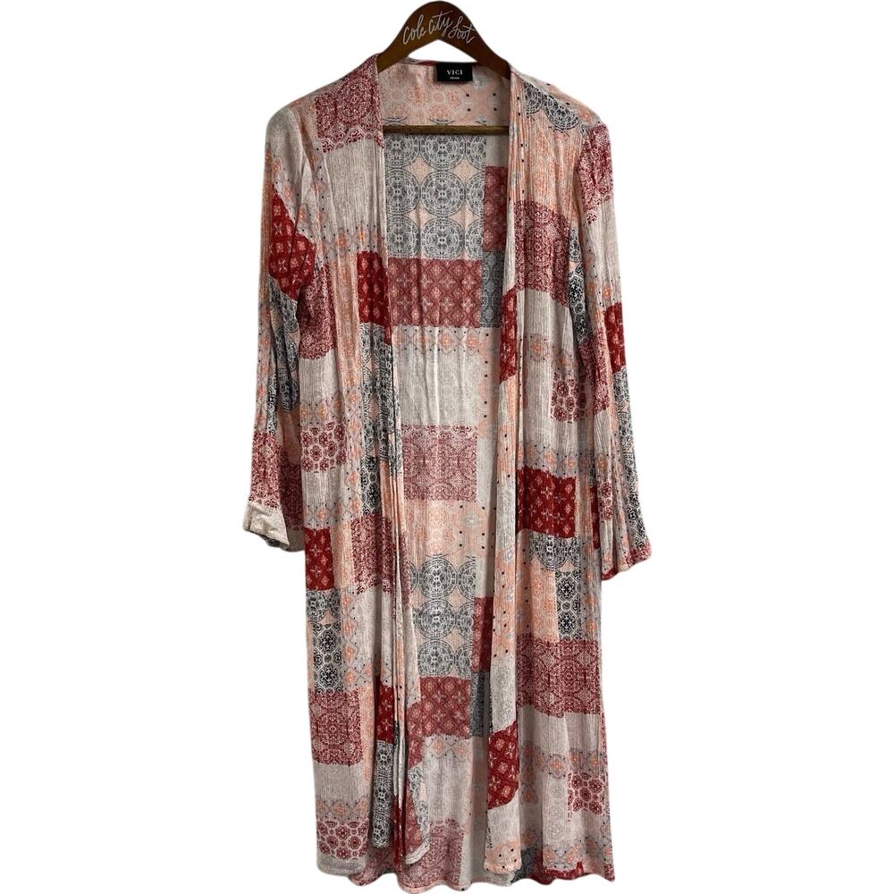 VICI Duster Sweater Patchwork Print Small Open Cardigan Bohemian Brown Pink